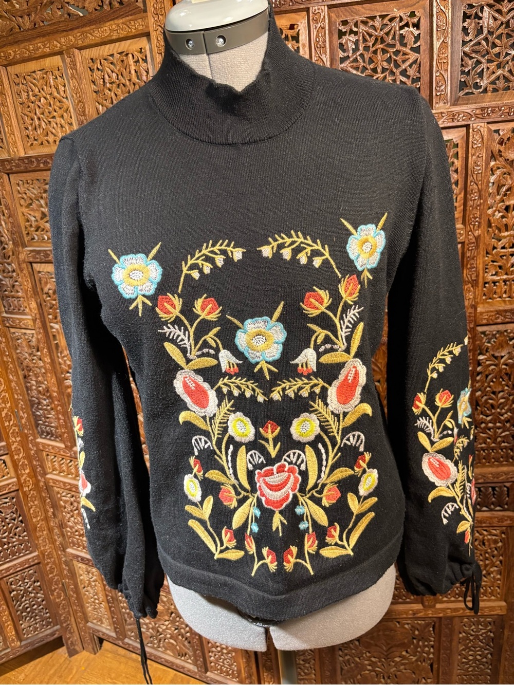 Black Floral Embroidered Mock Neck Women's Top